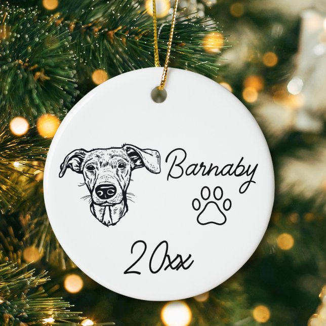 Dackel Dog Individuelle Name & Year Line Art Keramik Ornament (Dachshund Dog Custom Name and Year Ornament with Paw Print. Black and White Line Art Modern)