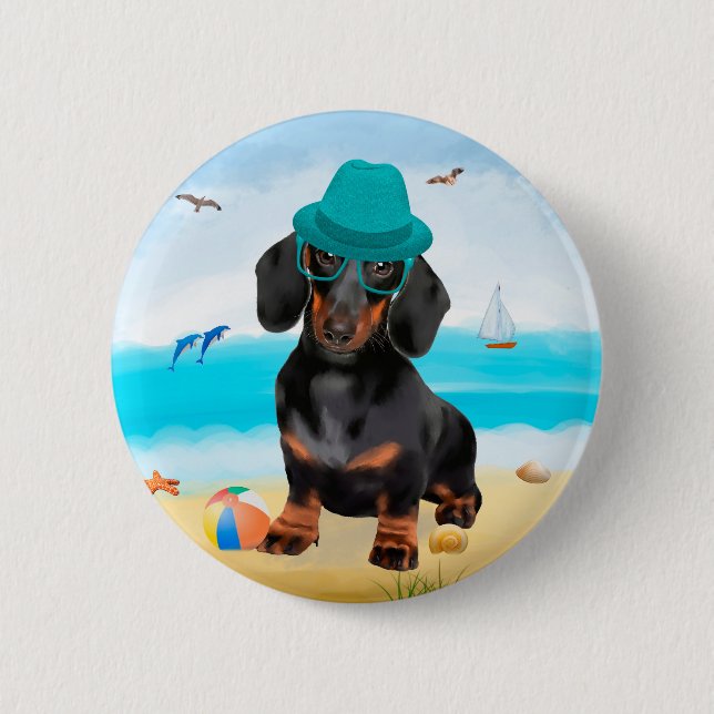 Dackel Dog on Beach Button (Vorderseite)