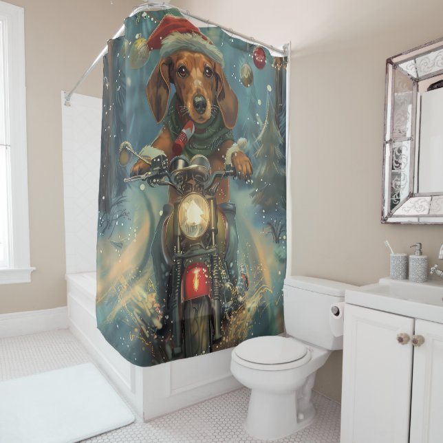 Dackel Dog Riding Motorrad Weihnachten Duschvorhang (Beispiel)