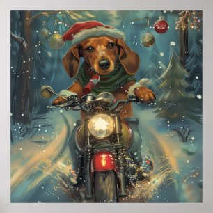 Dackel Dog Riding Motorrad Weihnachten Poster