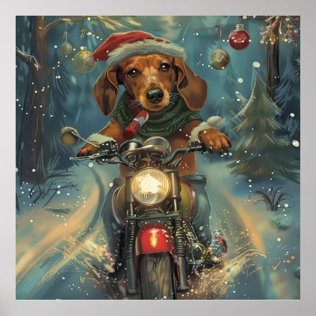 Dackel Dog Riding Motorrad Weihnachten Poster (Vorne)