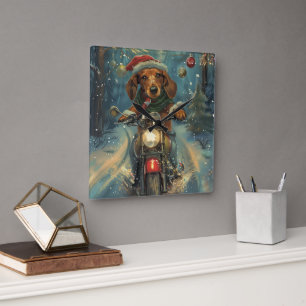 Dackel Dog Riding Motorrad Weihnachten Quadratische Wanduhr