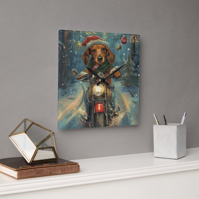 Dackel Dog Riding Motorrad Weihnachten Quadratische Wanduhr (Büro)