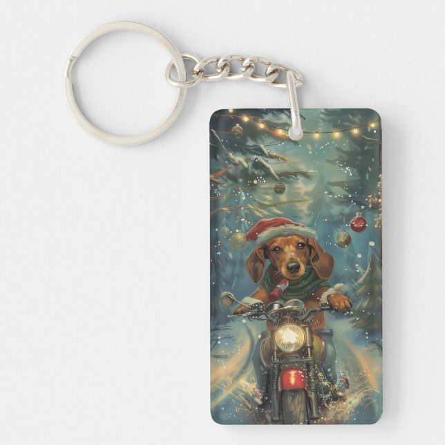 Dackel Dog Riding Motorrad Weihnachten Schlüsselanhänger (Vorderseite)