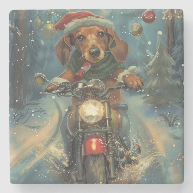Dackel Dog Riding Motorrad Weihnachten Steinuntersetzer (Vorderseite)