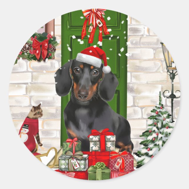 Dackel Dog Weihnachten Runder Aufkleber (Vorderseite)