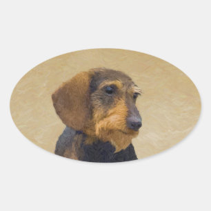 Dackel (Drahthaar) Malerei Original Dog Art Ovaler Aufkleber