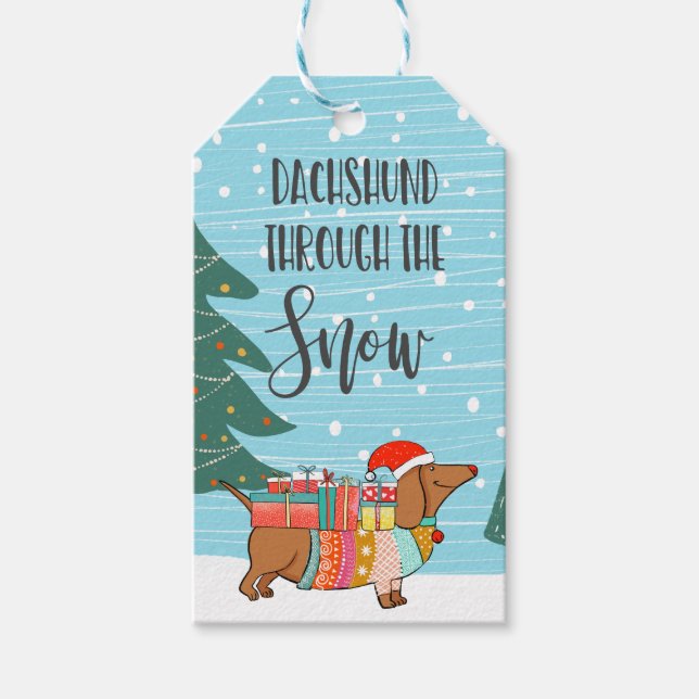 Dackel durch den Schnee lustiger Hundefreund Geschenkanhänger (Vorderseite)
