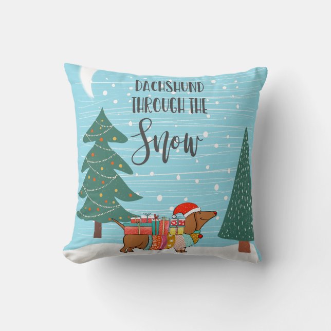 Dackel durch den Schnee lustiger Hundefreund Kissen (Vorderseite)
