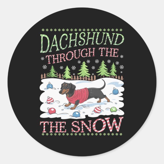 Dackel durch den Schnee Runder Aufkleber (Vorderseite)