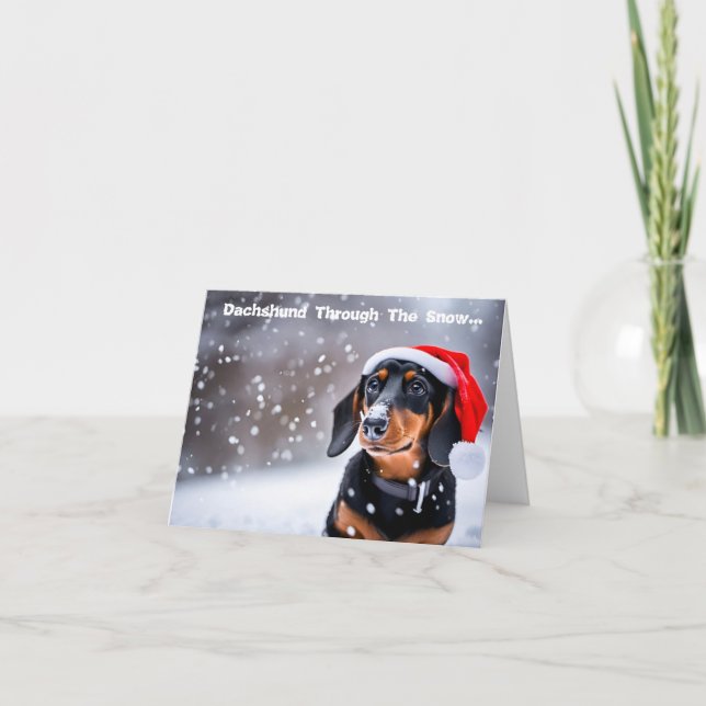 Dackel durch den Schnee... Weihnachtskarte Feiertagskarte (Vorderseite)