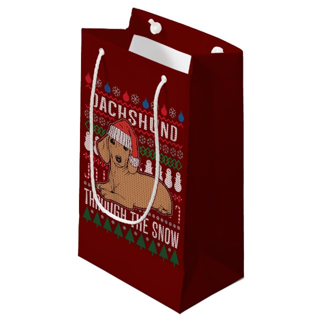 Dackel durch den schneebedeckten Weihnachtssüßer Kleine Geschenktüte (Vorderseite Schrägansicht)