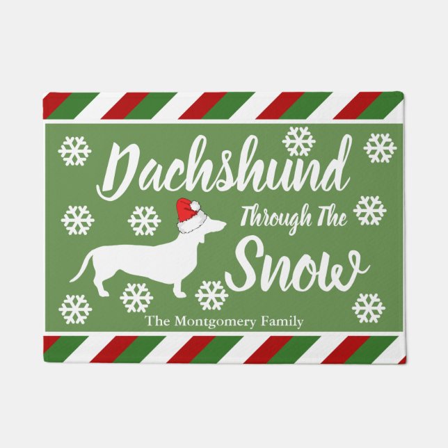 Dackel durch die Schnee-Weihnachtsstreifen Fußmatte (Vorderseite)
