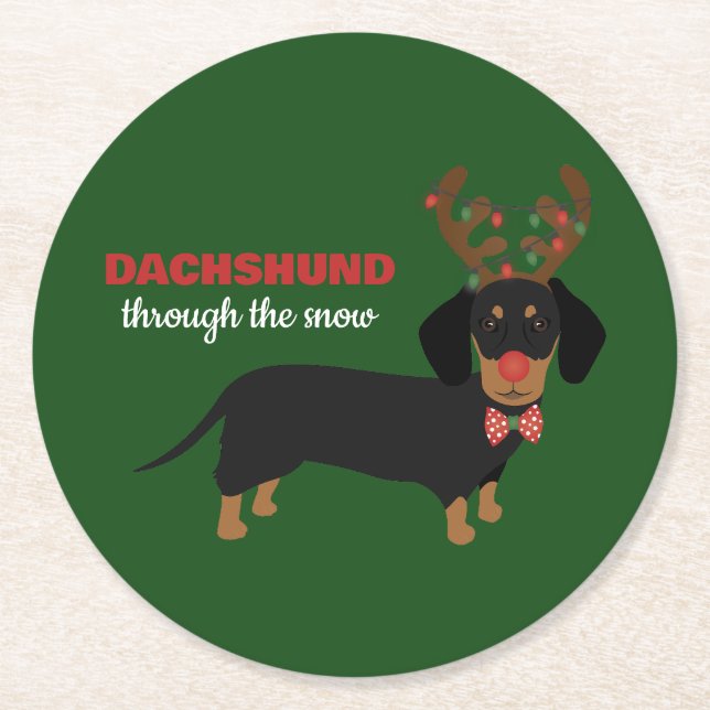 Dackel durch Schnee Niedliche Dackel Rentierhund Runder Pappuntersetzer (Vorderseite)