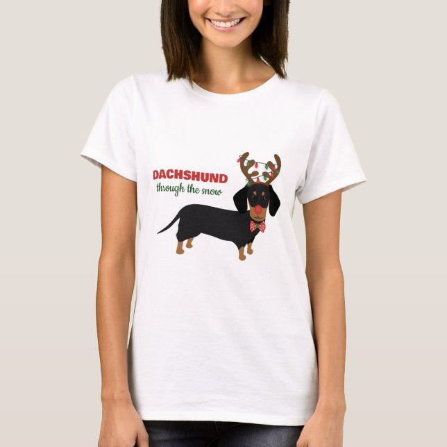 Dackel durch Schnee Niedliche Dackel Rentierhund T-Shirt (Vorderseite)