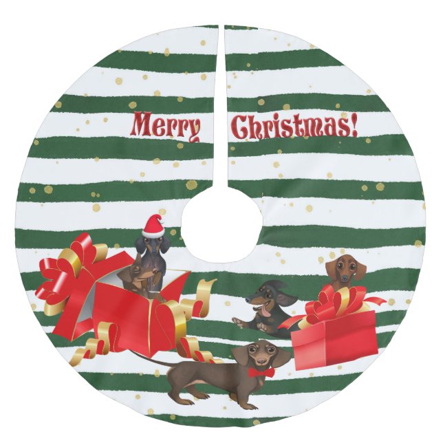 Dackel-Familienbaum-Rock aus Grün und Weiß Polyester Weihnachtsbaumdecke (Vorderseite)
