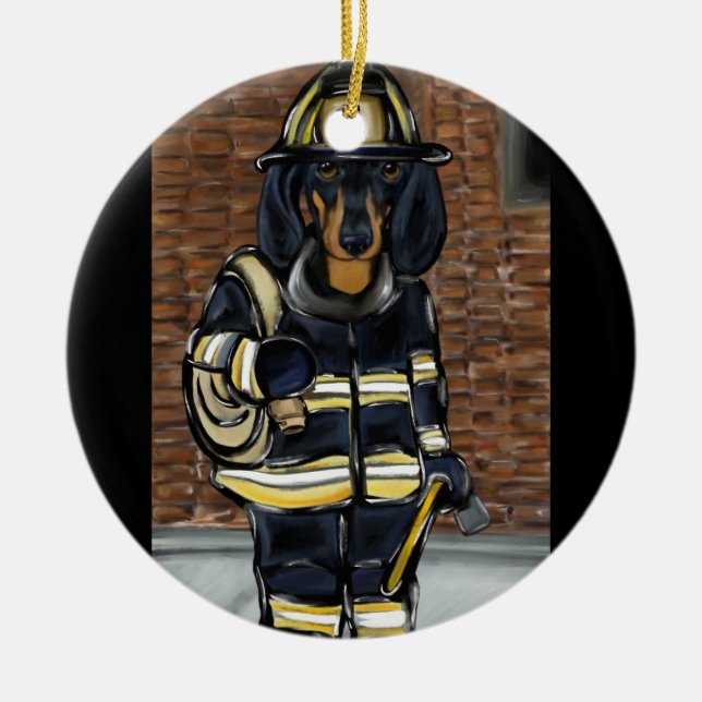Dackel Fireman Keramik Ornament (Vorne)