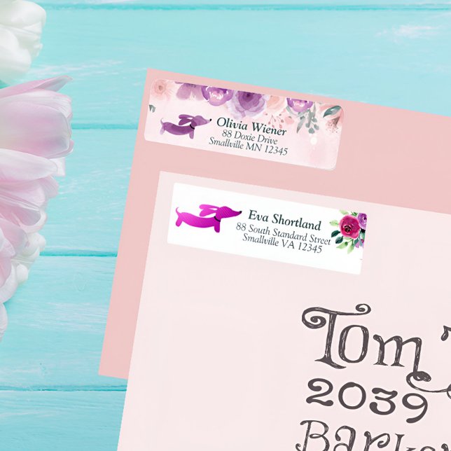 Dackel Floral Rücksendeadresse Lila (Cottagecore dachshund floral address labels - wedding or everyday use)