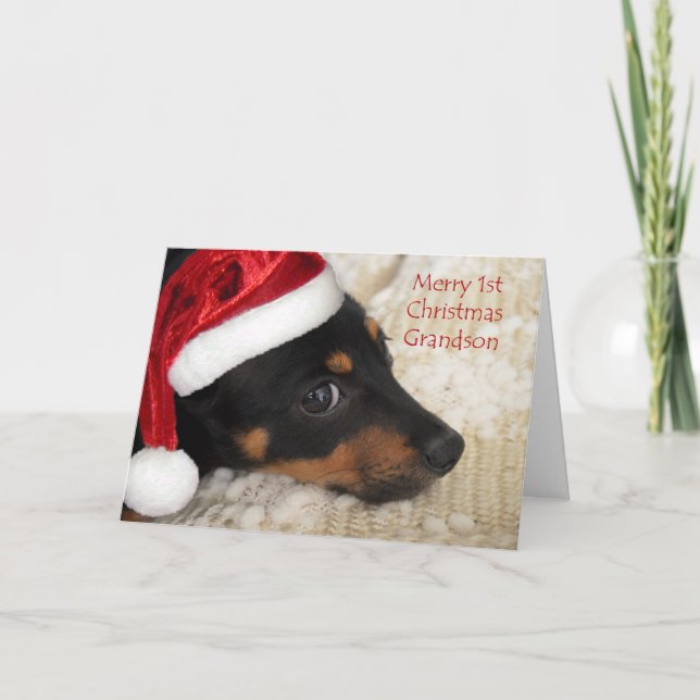 Dackel-fröhlicher 1. Weihnachtsenkel Feiertagskarte (Vorderseite)