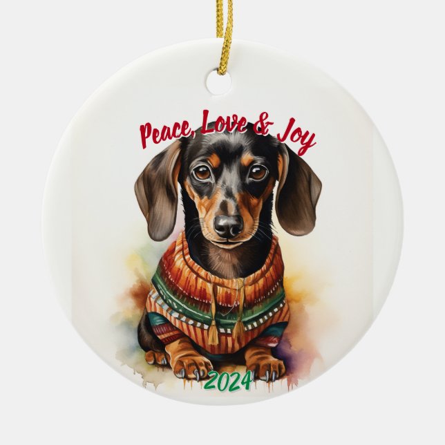 Dackel für Frieden, Liebe und Freude: Aquarell Keramik Ornament (Vorne)