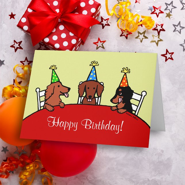 Dackel-Geburtstags-Cartoon Karte (Dachshund Cartoon Birthday Card for Dachshund Owners!  Cute three Doxie with Birthday Hats design.)