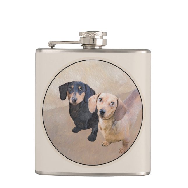 Dackel (glatt) Gemälde - Originale Hundekunst Flachmann (Vorderseite)