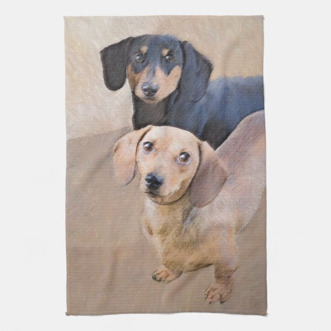 Dackel (glatt) Gemälde - Originale Hundekunst Geschirrtuch (Vertikal)