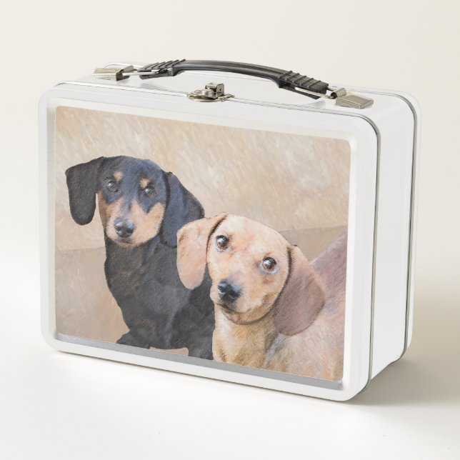 Dackel (glatt) Gemälde - Originale Hundekunst Metall Brotdose (Vorderseite)