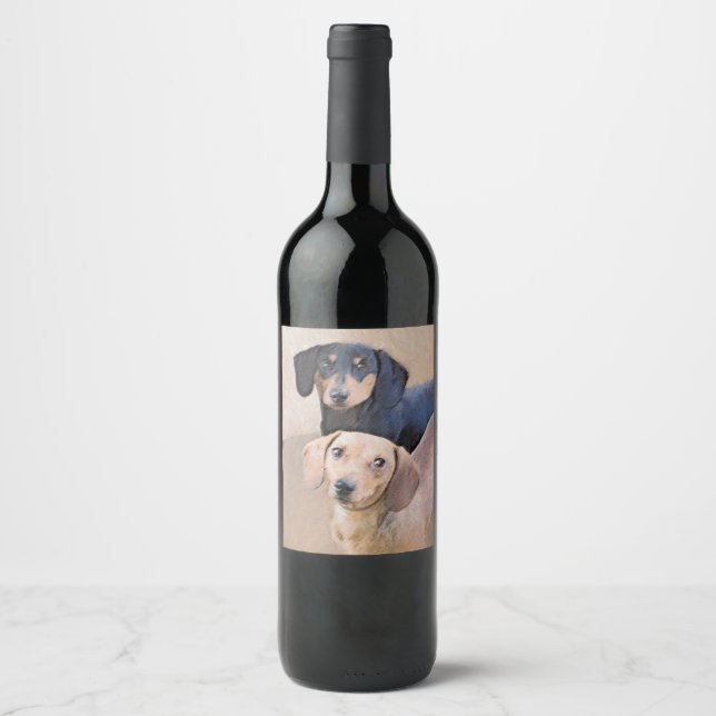 Dackel (glatt) Gemälde - Originale Hundekunst Weinetikett (Vorderseite)