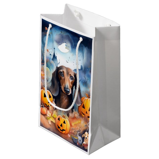 Dackel Halloween mit Pumpkins Beängstigend Kleine Geschenktüte (Vorderseite Schrägansicht)