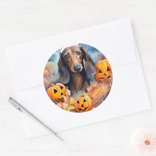 Dackel Halloween mit Pumpkins Beängstigend Runder Aufkleber
