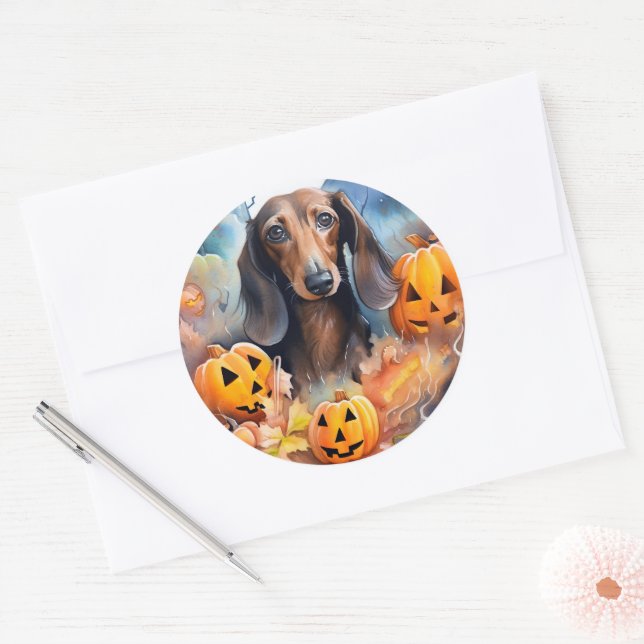 Dackel Halloween mit Pumpkins Beängstigend Runder Aufkleber (Umschlag)