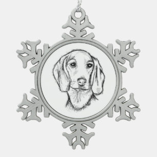 Dackel handgezeichnete Skizze schwarz weiß Welpe H Schneeflocken Zinn-Ornament