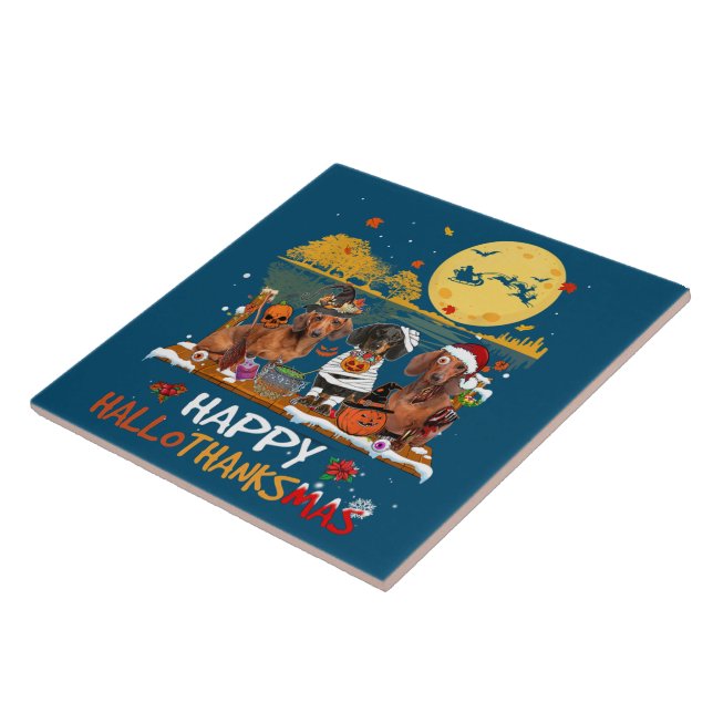 Dackel Happy Hallothanksmas Halloween Thanksgiv Fliese (Seite)