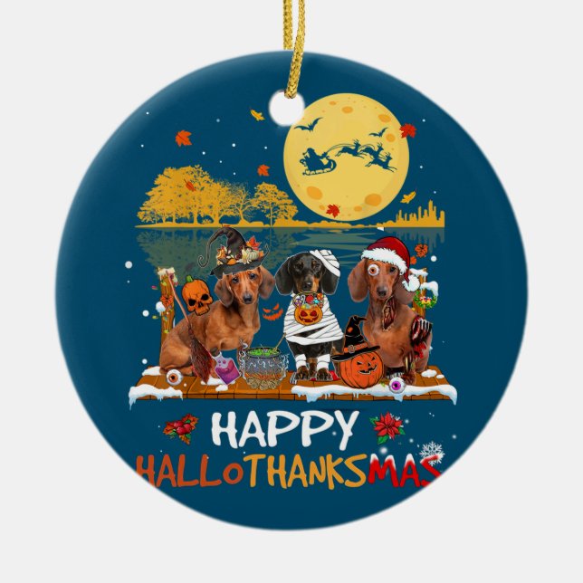 Dackel Happy Hallothanksmas Halloween Thanksgiv Keramik Ornament (Vorne)