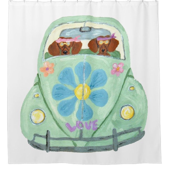 Dackel-Hippies im Blumen-Liebe-Mobile Duschvorhang (Vorderseite)