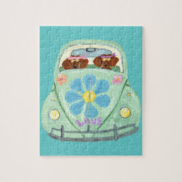 Dackel-Hippies in ihrem Blumen-Liebe-Mobile