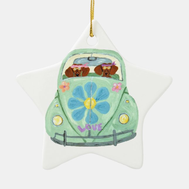 Dackel-Hippies in ihrem Blumen-Liebe-Mobile Keramik Ornament (Vorne)