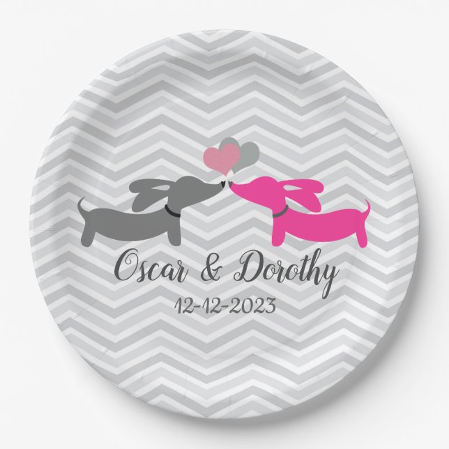 Dackel Hochzeit Personalisierte Dackel Pappteller (Vorderseite)