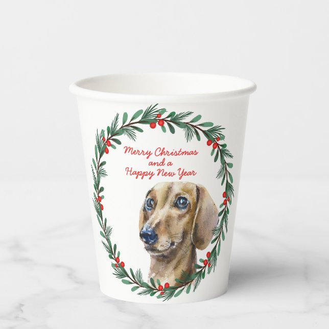 Dackel Holiday Wreath Personalisiert Weihnachten Pappbecher (Vorderseite)