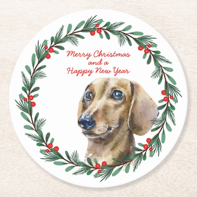 Dackel Holiday Wreath Personalisiert Weihnachten Runder Pappuntersetzer (Vorderseite)
