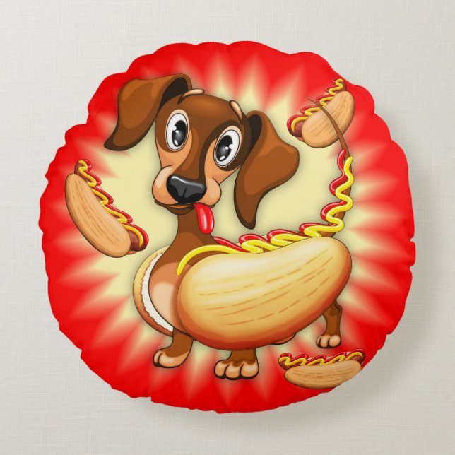 Dackel Hot Dog Rundes Kissen (Vorderseite)
