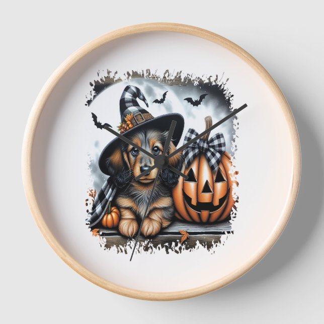 Dackel Hund Halloween Uhr (Vorderseite)