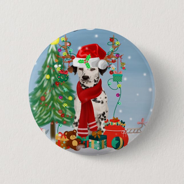Dackel Hund im Schnee mit Weihnachtsgeschenken Button (Vorderseite)