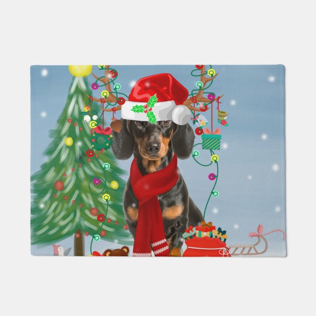 Dackel Hund im Schnee mit Weihnachtsgeschenken Fußmatte (Vorderseite)