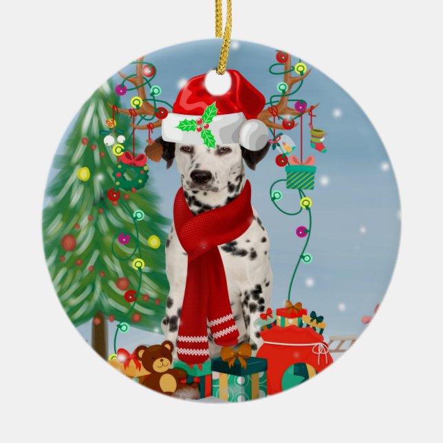 Dackel Hund im Schnee mit Weihnachtsgeschenken Keramik Ornament (Vorne)