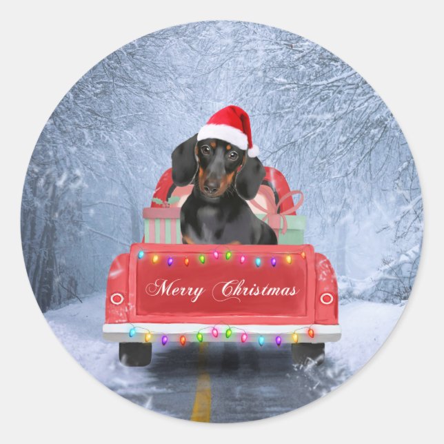 Dackel Hund im Schnee sitzen im Weihnachtswagen Runder Aufkleber (Vorderseite)
