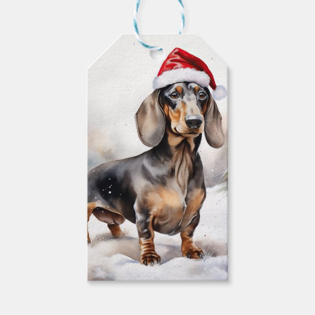 Dackel Hund im Schnee Weihnachten Geschenkanhänger (Vorderseite)
