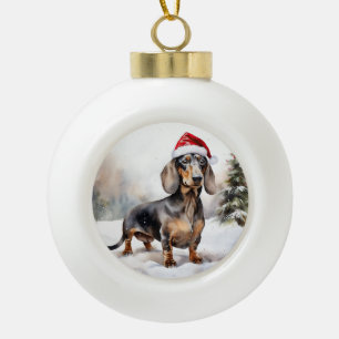 Dackel Hund im Schnee Weihnachten Keramik Kugel-Ornament