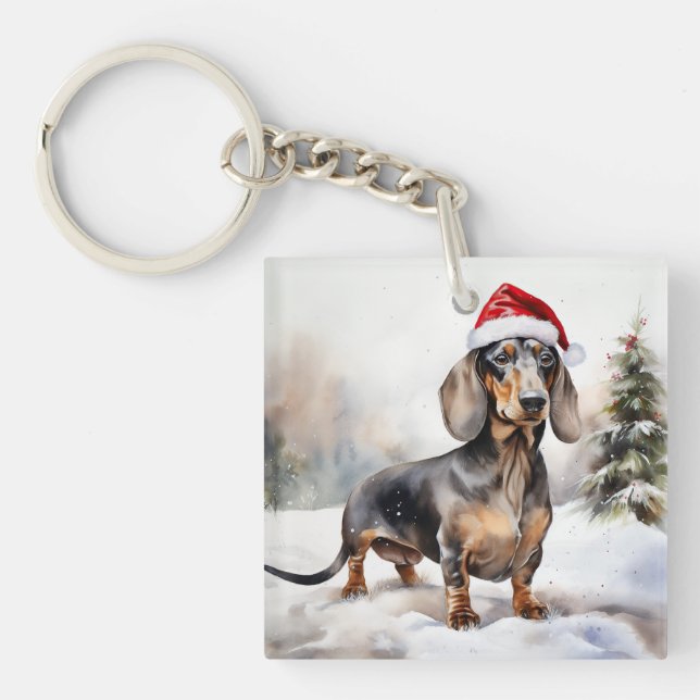Dackel Hund im Schnee Weihnachten Schlüsselanhänger (Vorderseite)